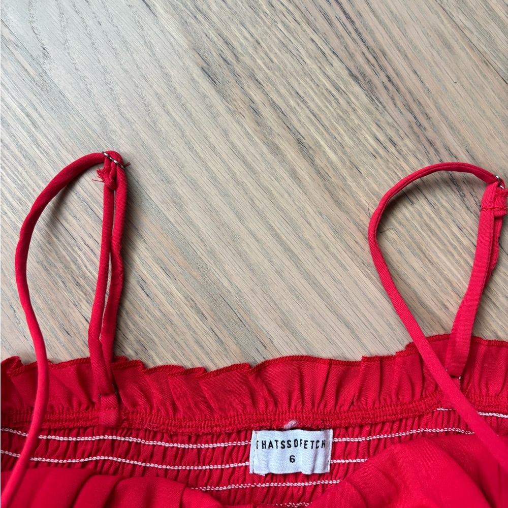 ThatsSoFetch Red Ruched Smocked Ruffle Mini Dress Size Small - Picture 8 of 8
